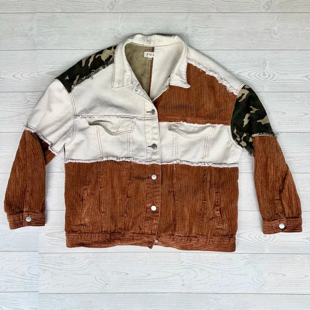 POL Women's Oversized Patchwork Corduroy Camo Y2K Jacket Inside Pockets Size S/M - Picture 4 of 16